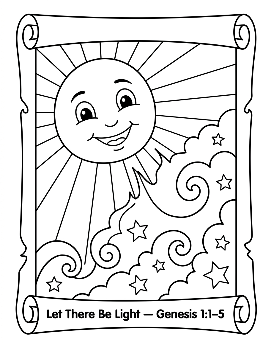 Coloring page of God speaking light into the darkness on the first day of creation