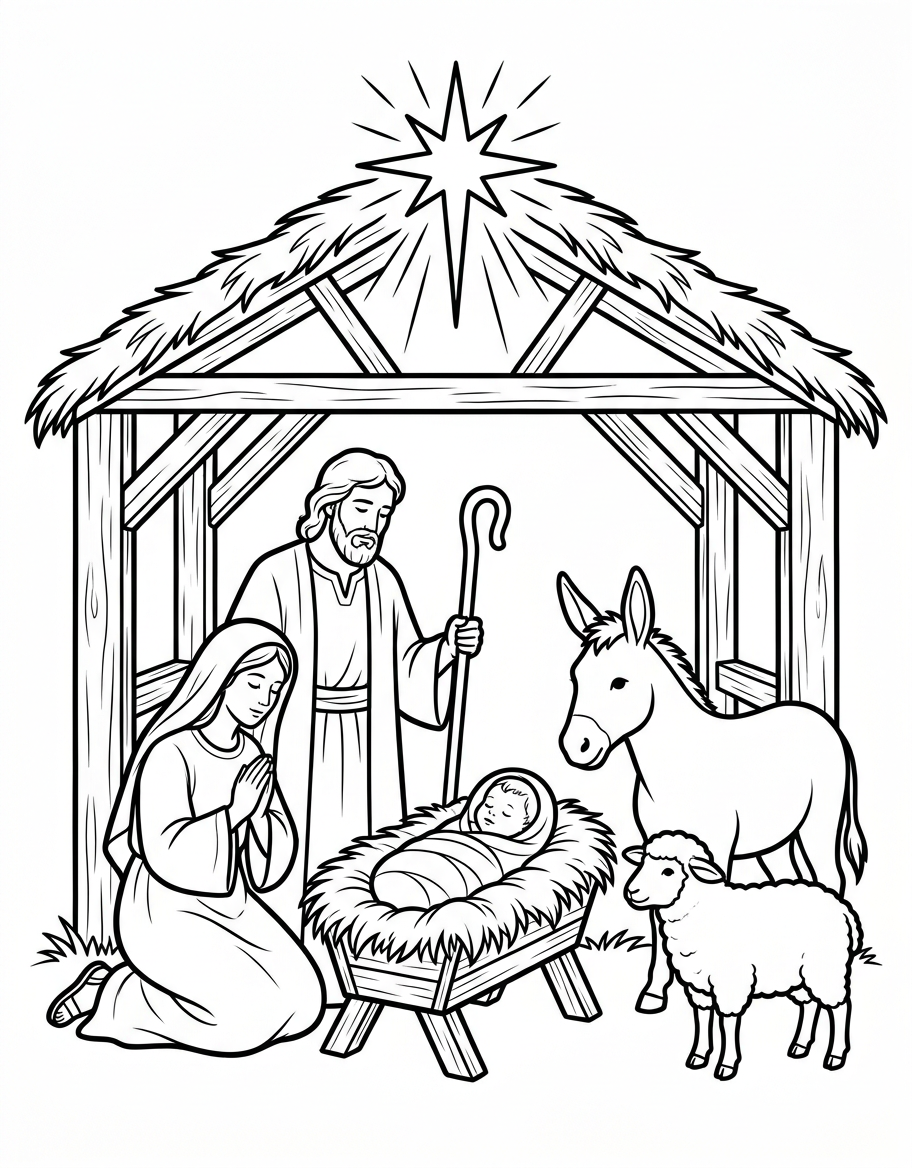 Free printable Nativity coloring page with baby Jesus, Mary, and Joseph