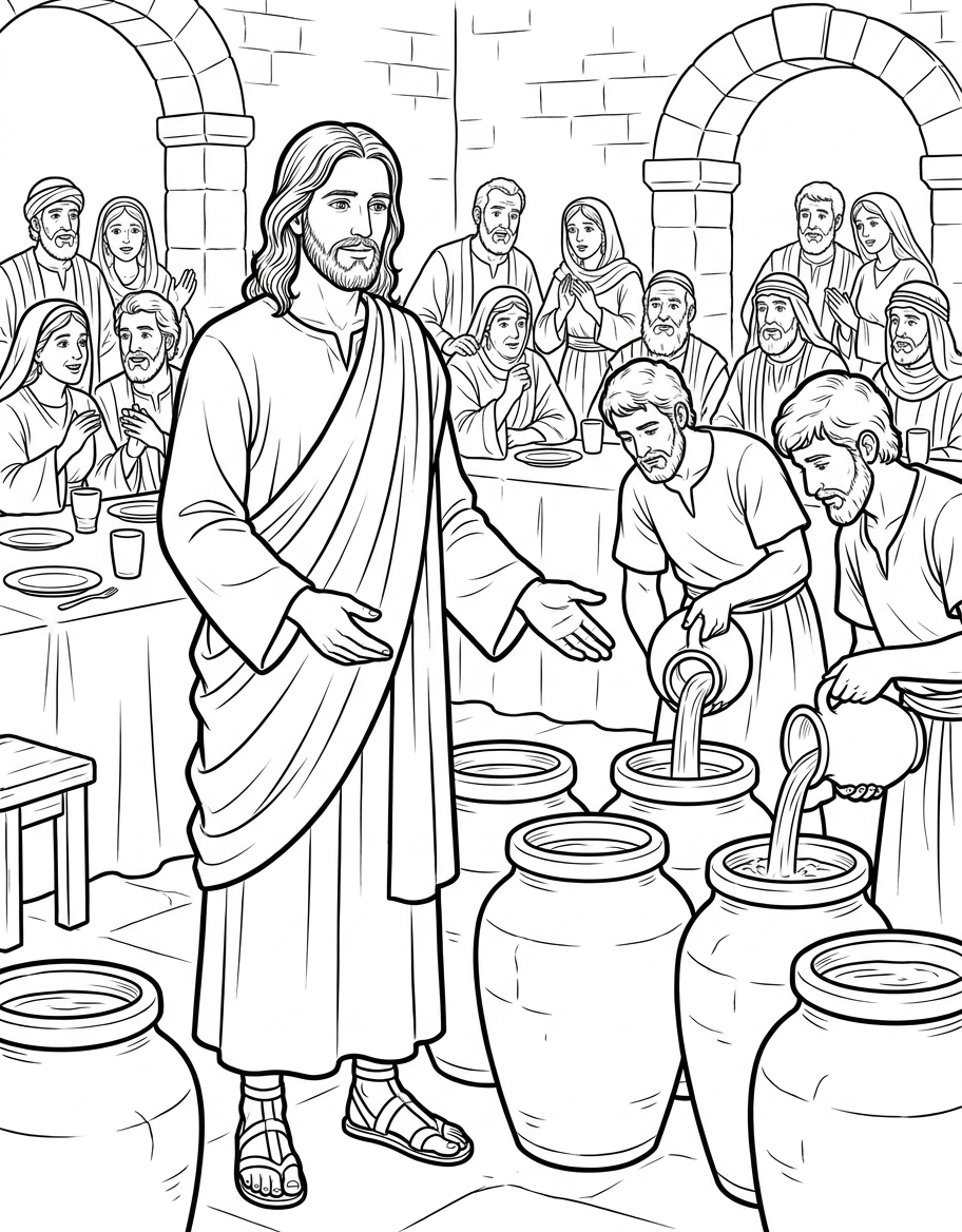 Coloring page of Jesus turning water into wine at the wedding in Cana